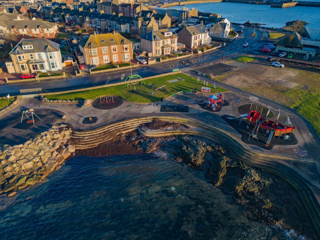The new swing park at the former pool in December 2022. Photo by Three Towns Explored.